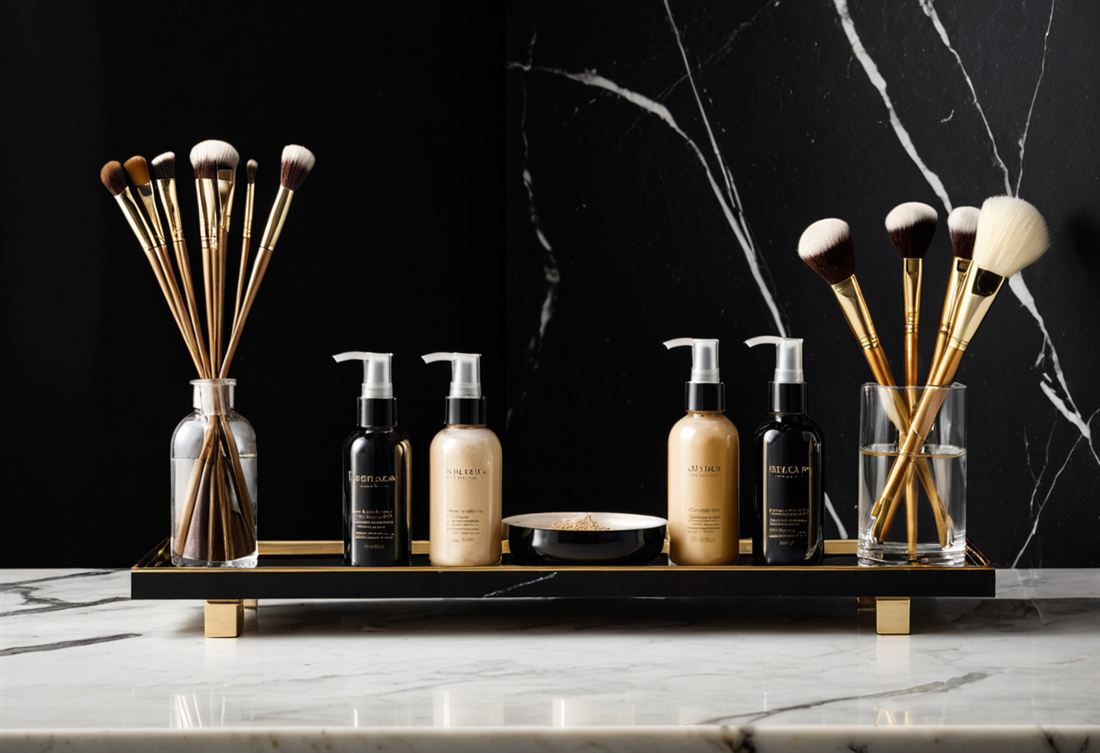 Productos de estética sobre bandeja negra y dorada, estilo de sesión