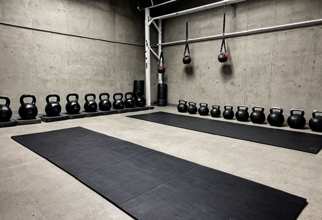 Piso de gimnasio con equipo alineado, estilo de sesión